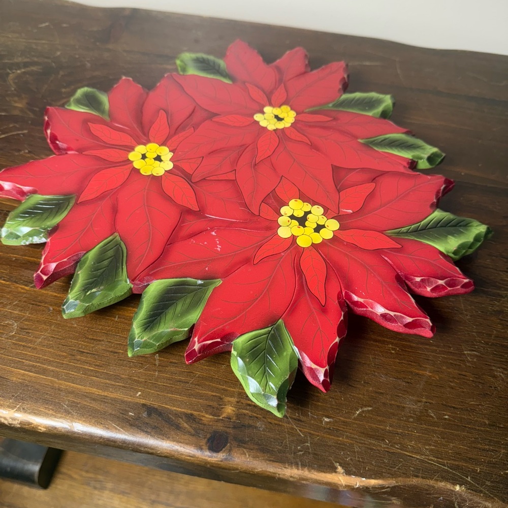 Vintage Poinsettia Lazy Susan Wood Tray.